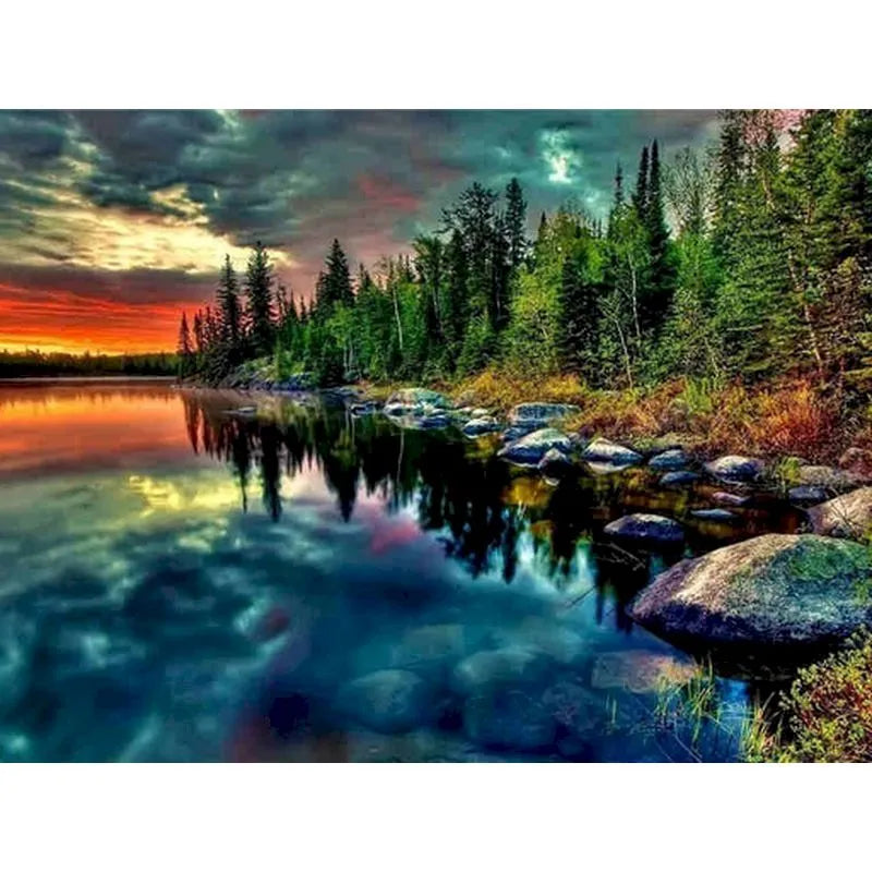 Magical Lake And Forest Scene Paint by Numbers