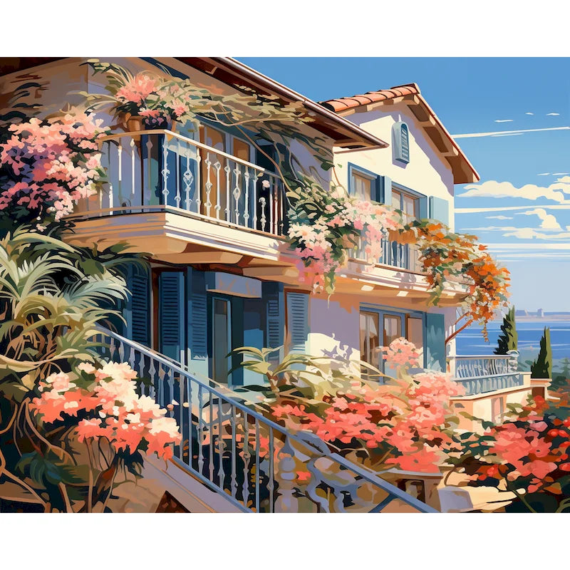 Blooming Flowers House Design Paint by Numbers 