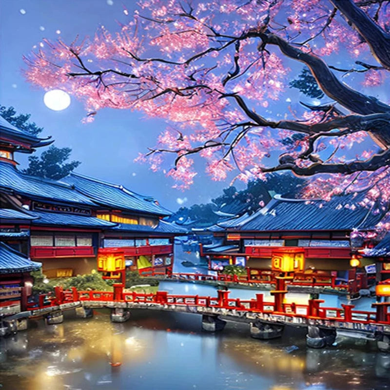 Cherry Blossom Japanese Town Paint by Numbers 