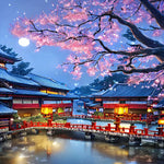 Cherry Blossom Japanese Town Paint by Numbers 
