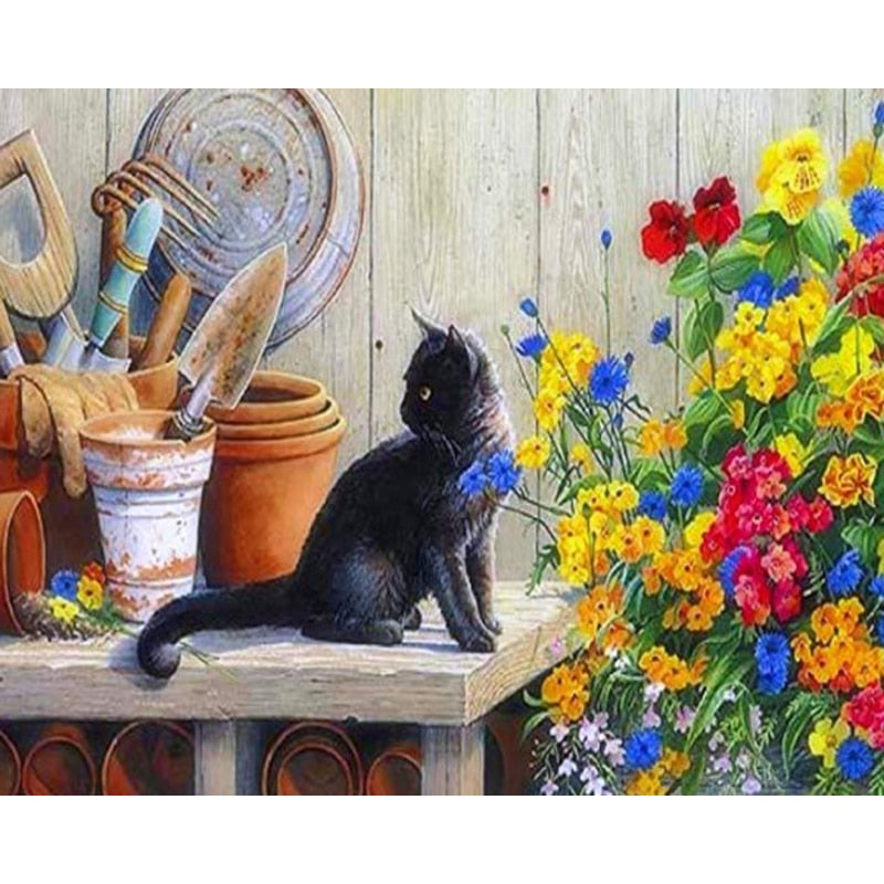 Paint By Numbers Black Kitten With Yellow Flowers