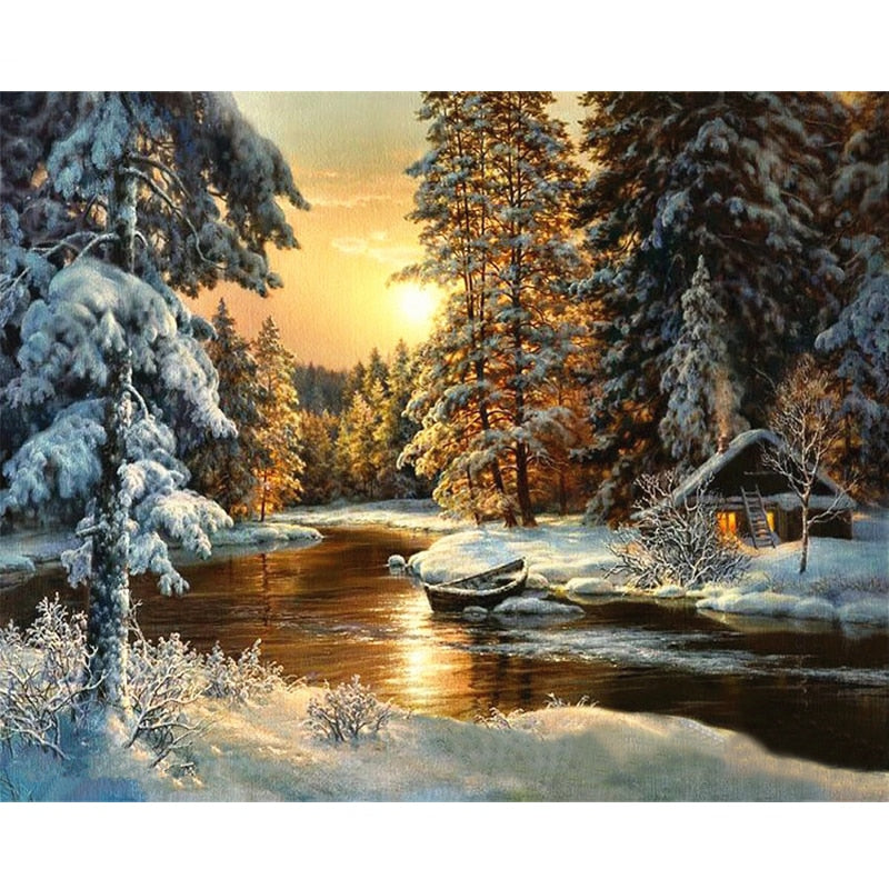 Paint By Numbers Chalet In Snow Forest