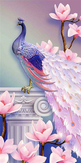 Peacock And Pink Flowers - Paint By Numbers Peacock